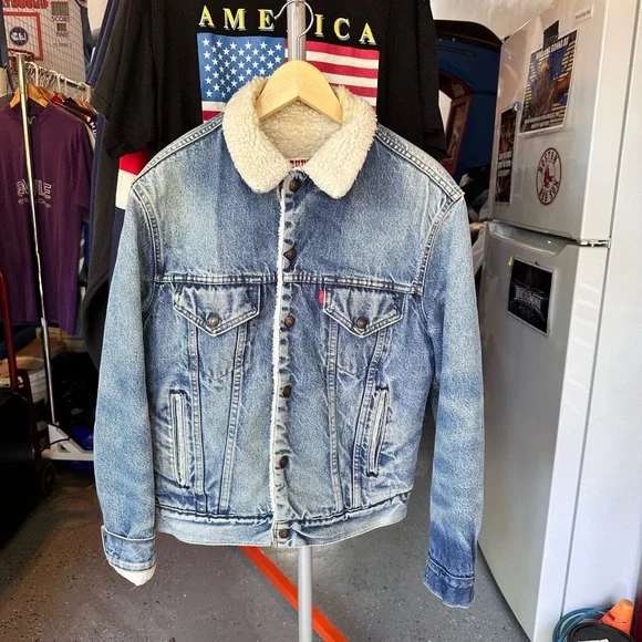 Levis Vintage 1970s 1960s Made USA Sherpa Collar Button Up Waist Denim Jacket - Picture 1 of 7